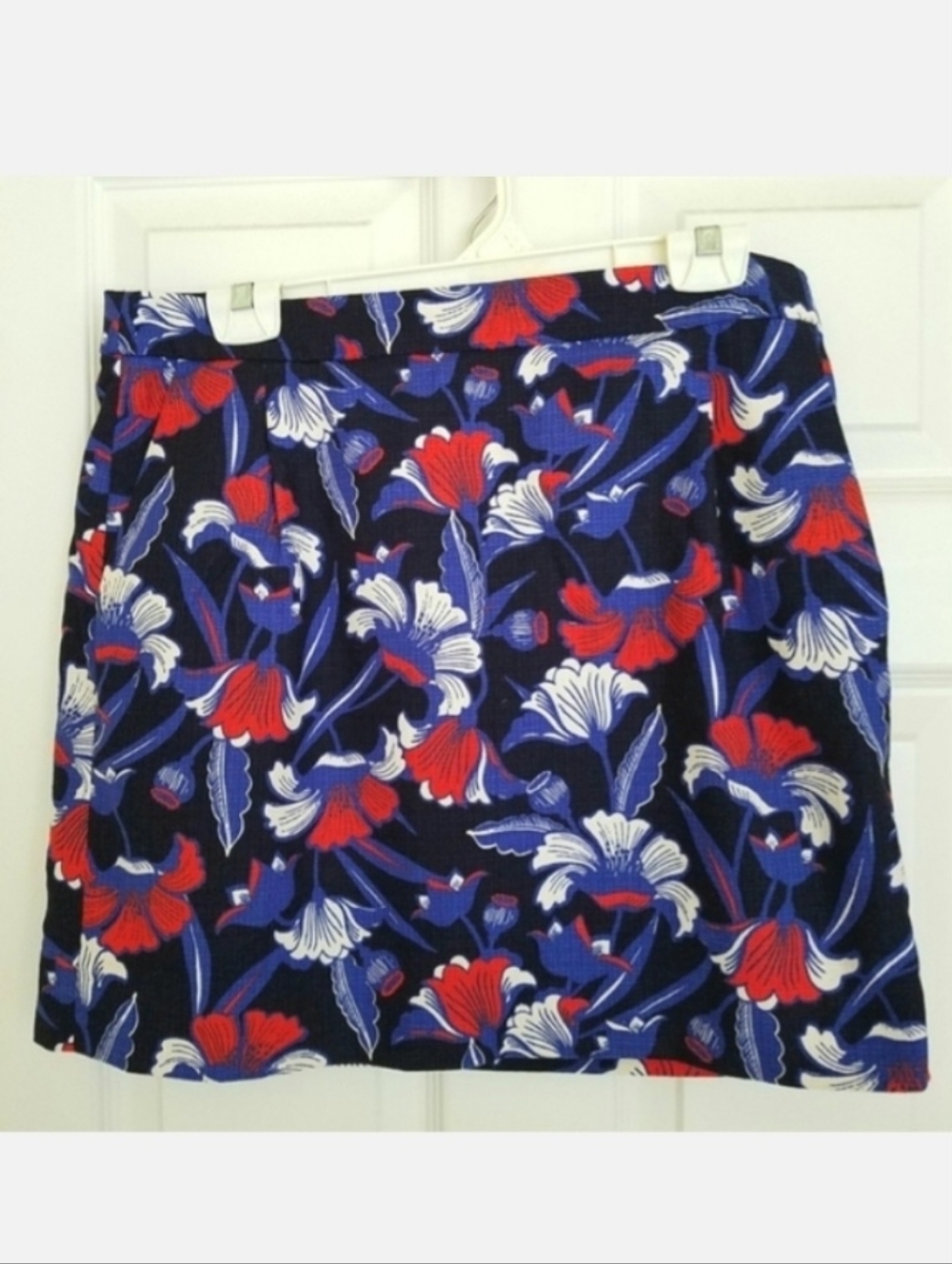 J Crew Factory Cotton blue red floral basket weave mini skirt 10